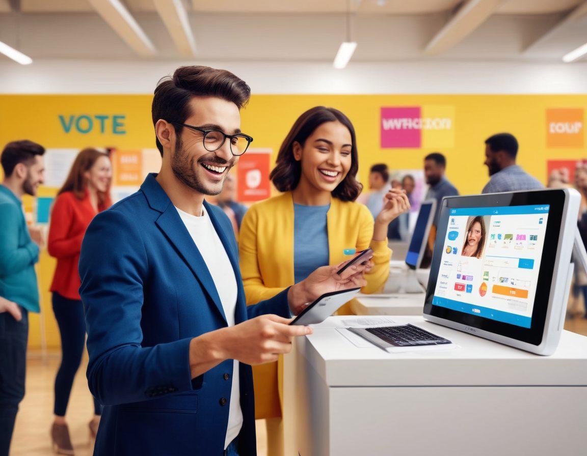 A joyful scene of diverse voters casting electronic ballots in a bright, modern polling station. Include happy expressions as they interact with user-friendly touchscreen devices. Surround the area with vibrant banners promoting participation, and a digital display showcasing colorful statistics highlighting increased voter turnout. The atmosphere should feel festive and engaging. super-realistic. vibrant colors.