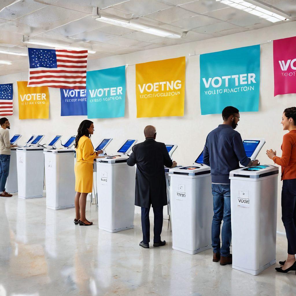 A vibrant scene depicting a diverse group of enthusiastic voters casting electronic ballots in a bright, modern polling station. Include smiling faces, colorful electronic voting machines, and banners promoting voter participation. The atmosphere should be lively and inviting, symbolizing democracy and community engagement. Super-realistic. Bright colors. 3D.