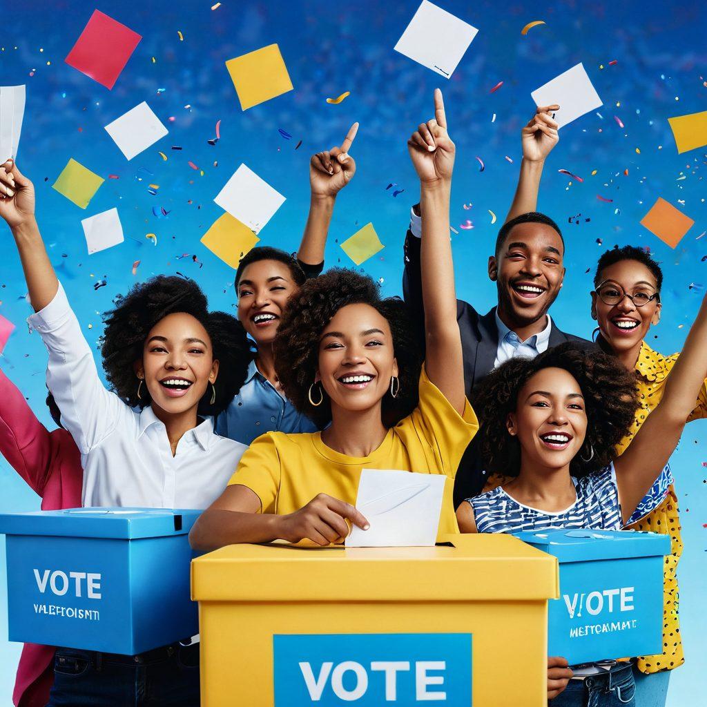 A vibrant digital landscape showcasing diverse voters of different ethnicities and ages joyfully engaging with various digital voting devices, surrounded by uplifting symbols of empowerment such as ballot boxes transforming into smiles. Include elements like a bright blue sky and colorful confetti to convey a celebratory atmosphere. super-realistic. bright colors. dynamic composition.